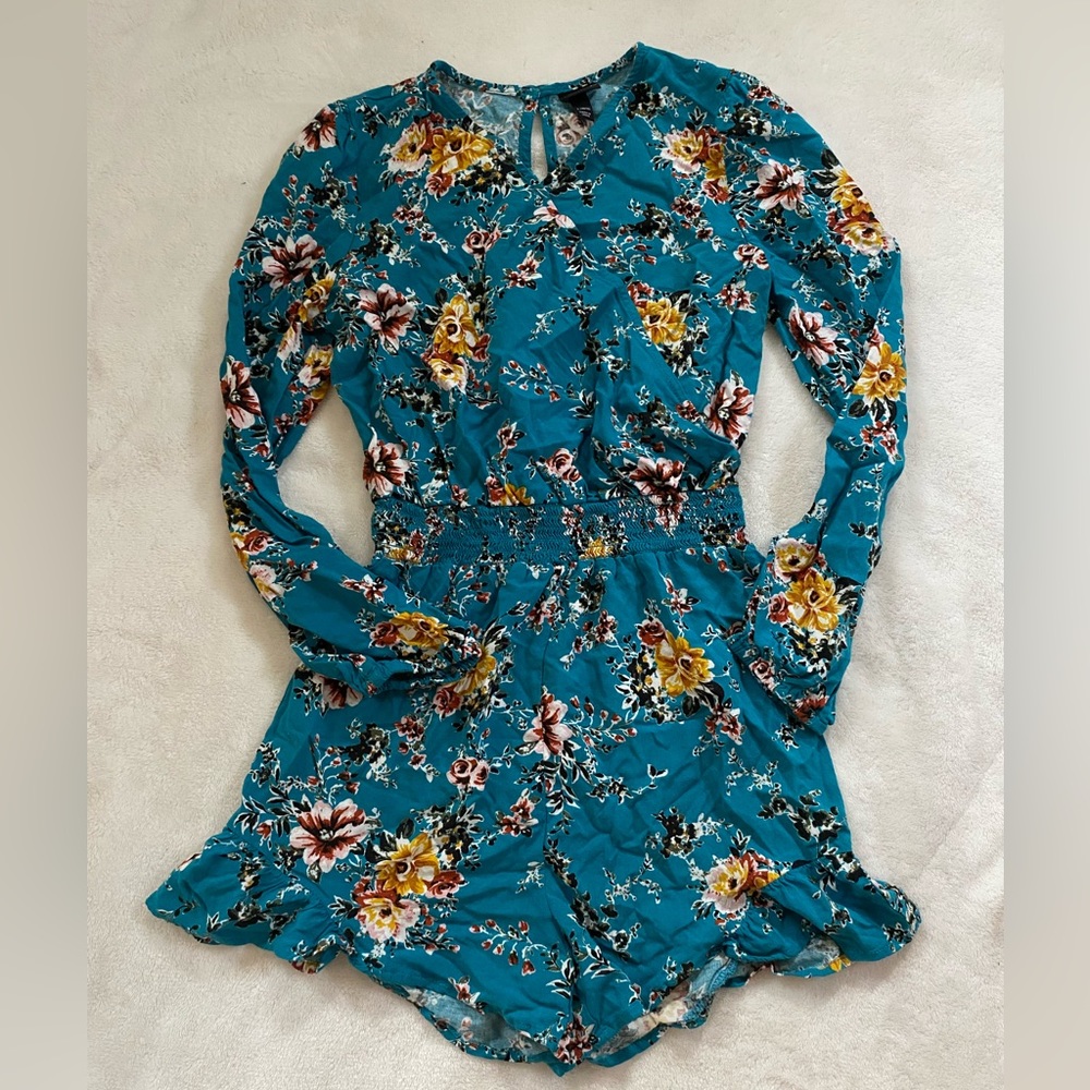 Girls Teal Floral Summer Romper